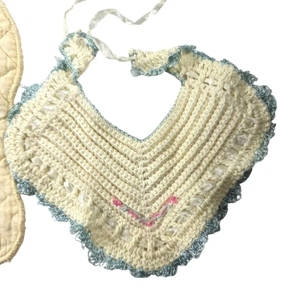 Set Of 3 Vtg Baby Bibs Quilted Crochet Lace Handmade White Pink Blue Accents